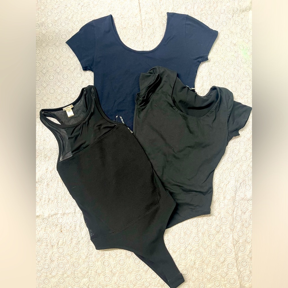 Bundle of 3 bodysuits; juniors sm/med; black and navy; sheer inset panels